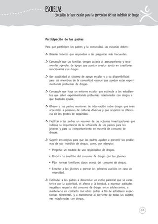 Participación de los padres
Para que participen los padres y la comunidad, las escuelas deben:
Diseñar folletos que respondan a las preguntas más frecuentes.
Conseguir que las familias tengan acceso al asesoramiento y reco-
mendar agencias de apoyo que puedan prestar ayuda en cuestiones
relacionadas con drogas.
Dar publicidad al sistema de apoyo escolar y a su disponibilidad
para los miembros de la comunidad escolar que puedan estar experi-
mentando problemas de drogas.
Conseguir que haya un entorno escolar que estimule a los estudian-
tes que estén experimentando problemas relacionados con drogas a
que busquen ayuda.
Ofrecer a los padres reuniones de información sobre drogas que sean
accesibles a personas de culturas diversas y que respeten la diferen-
cia en los grados de capacidad.
Facilitar a los padres un resumen de las actuales investigaciones que
indique la importancia de la influencia de los padres para los
jóvenes y para su comportamiento en materia de consumo de
drogas.
Sugerir estrategias para que los padres ayuden a prevenir los proble-
mas de uso indebido de drogas, como, por ejemplo:
Pergeñar un modelo de uso responsable de drogas.
Discutir la cuestión del consumo de drogas con los jóvenes.
Fijar normas familiares claras acerca del consumo de drogas.
Enseñar a los jóvenes a prestar los primeros auxilios en caso de
necesidad.
Estimular a los padres a desarrollar un estilo parental que se carac-
terice por la autoridad, el afecto y la bondad, a expresar actitudes
negativas respecto del consumo de drogas entre adolescentes, a
mantenerse en contacto con otros padres a fin de establecer expec-
tativas coherentes, y a mantenerse al corriente de todas las cuestio-
nes relacionadas con drogas.
57
ESCUELAS
Educación de base escolar para la prevención del uso indebido de drogas
 
