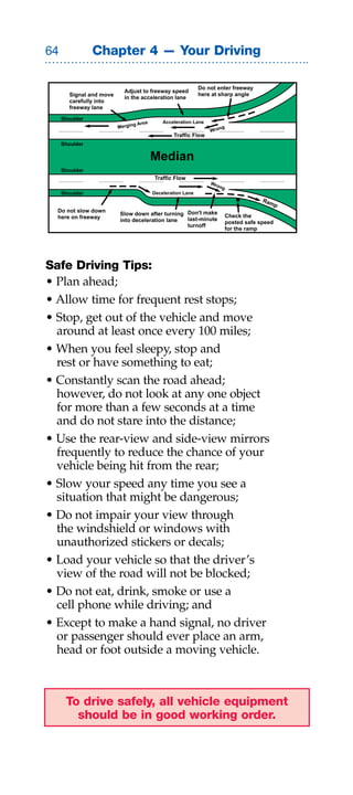 Chapter 4 — Your Driving

                                                               Do not enter freeway
                            Adjust to freeway speed
        Signal and move                                        here at sharp angle
                            in the acceleration lane
        carefully into
        freeway lane
     Shoulder
                                    Area       Acceleration Lane
                          Merging                                      ng
                                                                   Wro
                                                   Traffic Flow
     Shoulder

                                           Median
     Shoulder
                                           Traffic Flow
                                                                   Wro
                                                                       ng
     Shoulder                              Deceleration Lane
                                                                                         Ram
                                                                                                p
  Do not slow down
                          Slow down after turning Don't make                Check the
  here on freeway                                 last-minute
                          into deceleration lane                            posted safe speed
                                                  turnoff
                                                                            for the ramp




Safe Driving Tips:
• Plan ahead;
• Allow time for frequent rest stops;
• Stop, get out of the vehicle and move
  around at least once every 100 miles;
• When you feel sleepy, stop and
  rest or have something to eat;
• Constantly scan the road ahead;
  however, do not look at any one object
  for more than a few seconds at a time
  and do not stare into the distance;
• Use the rear-view and side-view mirrors
  frequently to reduce the chance of your
  vehicle being hit from the rear;
• Slow your speed any time you see a
  situation that might be dangerous;
• Do not impair your view through
  the windshield or windows with
  unauthorized stickers or decals;
• Load your vehicle so that the driver’s
  view of the road will not be blocked;
• Do not eat, drink, smoke or use a
  cell phone while driving; and
• Except to make a hand signal, no driver
  or passenger should ever place an arm,
  head or foot outside a moving vehicle.



      To drive safely, all vehicle equipment
        should be in good working order.
 