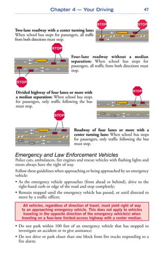 47
Emergency and Law Enforcement Vehicles
Police cars, ambulances, fire engines and rescue vehicles with flashing lights and
sirens always have the right of way.
Follow these guidelines when approaching or being approached by an emergency
vehicle:
• As the emergency vehicle approaches (from ahead or behind), drive to the
right-hand curb or edge of the road and stop completely;
• Remain stopped until the emergency vehicle has passed, or until directed to
move by a traffic officer;
• Do not park within 100 feet of an emergency vehicle that has stopped to
investigate an accident or to give assistance;
• Do not drive or park closer than one block from fire trucks responding to a
fire alarm;
Chapter 4 — Your Driving
All vehicles, regardless of direction of travel, must yield right of way
to an approaching emergency vehicle. This does not apply to vehicles
traveling in the opposite direction of the emergency vehicle(s) when
traveling on a four-lane limited-access highway with a center median.
Roadway of four lanes or more with a
center turning lane: When school bus stops
for passengers, only traffic following the bus
must stop.
Divided highway of four lanes or more with
a median separation: When school bus stops
for passengers, only traffic following the bus
must stop.
Two-lane roadway with a center turning lane:
When school bus stops for passengers, all traffic
from both directions must stop.
Four-lane roadway without a median
separation: When school bus stops for
passengers, all traffic from both directions must
stop.
 