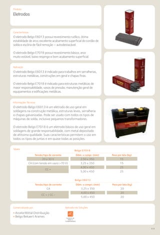 Comercializado por:	 Aplicado nas Soluções:
111
Características
Produto
Eletrodos
O eletrodo Belgo E6013 possui revestimento rutílico, ótima
estabilidade de arco, excelente acabamento superficial do cordão de
solda e escória de fácil remoção – autodestacável.
O eletrodo Belgo E7018 possui revestimento básico, arco
muito estável, baixo respingo e bom acabamento superficial.
Aplicação
O eletrodo Belgo E6013 é indicado para trabalhos em serralherias,
estruturas metálicas, construções em geral e chapas finas.
O eletrodo Belgo E7018 é indicado para estruturas metálicas de
maior responsabilidade, vasos de pressão, manutenção geral de
equipamentos e edificações metálicas.
O eletrodo Belgo E6013 é um eletrodo de uso geral em
soldagens na construção metálica, estruturas leves, serralheria
e chapas galvanizadas. Pode ser usado com todos os tipos de
máquinas de solda, inclusive pequenos transformadores.
O eletrodo Belgo E7018 é um eletrodo básico de uso geral em
soldagens de grande responsabilidade, com metal depositado
de altíssima qualidade. Suas características permitem o uso em
todos os tipos de juntas e em quase todas as posições.
Informações Técnicas
Tabela
Sistemas de
Cercamento
Arquitetura
de Interiores
Alvenaria Fachadas e
Fechamentos
Coberturas Acessibilidade
e Mobiliário
Urbano
Canteiros de
Obras e
Complementares
• ArcelorMittal Distribuição
• Belgo Bekaert Arames
Belgo E7018
Tensão/tipo de corrente Diâm. x compr. (mm) Peso por lata (kg)
20 a 30 V 2,50 x 350 15
CA (com tensão em vazio 70 V) 3,25 x 350 15
CC +
4,00 x 450 25
5,00 x 450 25
Belgo E6013
Tensão/tipo de corrente Diâm. x compri. (mm) Peso por lata (kg)
CA 3,25 x 350 20
CC + / CC -
4,00 x 450 20
5,00 x 450 20
Aplicado nas Soluções:
 