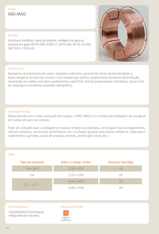 112
Comercializado por:		 Aplicado nas Soluções:
Características
Informações Técnicas
Produto
Aplicação
Tabela
MIG-MAG
Estruturas metálicas; vasos de pressão; soldagem de aços ao
carbono em geral: ASTM A36, A285-C, A515-60, A516-55/60;
SAE1010, 1020, etc.
Apresenta revestimento de cobre, delgado e aderente, garantindo ótima alimentabilidade e
baixo desgaste do bico de contato. Sua composição química proporciona excelente desoxidação,
resultando em soldas com bom acabamento superficial, ótimas propriedades mecânicas, baixo nível
de respingos e excelente sanidade radiográfica.
Desenvolvido com a mais avançada tecnologia, o MIG-MAG é um arame para soldagem de uso geral
em soldas de aços ao carbono.
Pode ser utilizado para a soldagem em passes simples ou múltiplos, em chapas finas (escapamentos,
móveis tubulares, carrocerias automotivas, etc.) e chapas grossas (estruturas metálicas, máquinas e
implementos agrícolas, vasos de pressão, prensas, construção naval, etc.).
Tipo de corrente Diâm. x compr. (mm) Peso por lata (kg)
18 a 28 V 2,50 x 350 18
CA 3,25 x 350 20
CC + / CC -
4,00 x 450 20
5,00 x 450 20
Sistemas de
Cercamento
Arquitetura
de Interiores
aria Fachadas e
Fechamentos
Coberturas Acessibilidade
e Mobiliário
Urbano
Canteiros de
Obras e
Complementares
• ArcelorMittal Distribuição
• Belgo Bekaert Arames
 