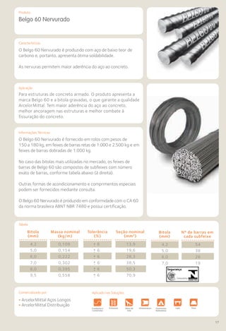 Comercializado por:	 Aplicado nas Soluções:
17
Características
Aplicação
Informações Técnicas
Tabela
Produto
Belgo 60 Nervurado
Para estruturas de concreto armado. O produto apresenta a
marca Belgo 60 e a bitola gravadas, o que garante a qualidade
ArcelorMittal. Tem maior aderência do aço ao concreto,
melhor ancoragem nas estruturas e melhor combate à
fissuração do concreto.
O Belgo 60 Nervurado é fornecido em rolos com pesos de
150 a 180 kg, em feixes de barras retas de 1.000 e 2.500 kg e em
feixes de barras dobradas de 1.000 kg.
No caso das bitolas mais utilizadas no mercado, os feixes de
barras de Belgo 60 são compostos de subfeixes com número
exato de barras, conforme tabela abaixo (à direita).
Outras formas de acondicionamento e comprimentos especiais
podem ser fornecidos mediante consulta.
O Belgo 60 Nervurado é produzido em conformidade com o CA 60
da norma brasileira ABNT NBR 7480 e possui certificação.
O Belgo 60 Nervurado é produzido com aço de baixo teor de
carbono e, portanto, apresenta ótima soldabilidade.
As nervuras permitem maior aderência do aço ao concreto.
• ArcelorMittal Aços Longos
• ArcelorMittal Distribuição
Fundações e
Contenções
Obras de
Arte
Infraestrutura Pavimentos
Rodoviários
Lajes Pisos Alvenaria Fachad
Fechame
EstruturasFundações e
Contenções
Obras de
Arte
Infraestrutura Pavimentos
Rodoviários
Lajes Pisos Alvenaria Fachad
Fechame
EstruturasFundações e
Contenções
Obras de
Arte
Infraestrutura Pavimentos
Rodoviários
Lajes Pisos Alvenaria Fachad
Fecham
Estruturas
4,2
5,0
6,0
7,0
8,0
9,5
0,109
0,154
0,222
0,302
0,395
0,558
6
6
6
6
6
6
+
-
+
-
+
-
+
-
+
-
+
-
13,9
19,6
28,3
38,5
50,3
70,9
Bitola
(mm)
Massa nominal
(kg/m)
Tolerância
(%)
Seção nominal
(mm2
)
4,2
5,0
6,0
7,0
54
38
26
19
Bitola
(mm)
Nº de barras em
cada subfeixe
Aplicado nas Soluções:
 