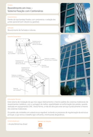 Comercializado por:	 Aplicado nas Soluções:
65
Características
Aplicação
Informações Técnicas
Produto
Revestimento em Inox –
Sistema Fixação com Cantoneiras
Este sistema de instalação do aço inox segue relativamente o mesmo padrão dos sistemas tradicionais de
revestimentos metálicos, com a vantagem da melhor repetibilidade na conformação dos painéis, quando
realizada em equipamentos CNC. Desta forma, a mão de obra para este serviço é praticamente a mesma
dos sistemas tradicionais.
Os painéis são instalados em subestrutura regulável, evitando os processos de regularização da estrutura
principal, o que torna o trabalho ágil e eficiente, minimizando desperdícios.
Painéis do tipo bandeja fixados com cantoneiras e vedação das
juntas opcional (com silicone ou gaxetas).
Revestimento de fachadas e colunas.
• ArcelorMittal Inox Brasil
Sistemas de
Cercamento
Obras de
Arte
Infraestrutura Pavimentos
Rodoviários
Lajes Arquitetura
de Interiores
Pisos Alvenaria Fachadas e
Fechamentos
Coberturas Acessibilidade
e Mobiliário
Urbano
Canteiros de
Obras e
Complementares
Parafusos,
arruelas e
porcas de
aço inoxidável
Parafusos, arruelas e
porcas de aço inoxidável
Parafusos, arruelas e
porcas de aço inoxidável
Subestrutura de
cantoneiras de
alumínio anodizado
Subestrutura de
cantoneiras de
alumínio anodizado
Painel de
aço inoxidável
Painel de
aço inoxidável
Painel de
aço inoxidável
Subestrutura de
cantoneiras de
alumínio anodizado
Parafusos, arruelas e
porcas de aço inoxidável
Parafusos, arruelas e
porcas de aço inoxidável
Subestrutura de
cantoneiras de
alumínio anodizado
ainel de
ço inoxidável
Painel de
aço inoxidável
Comercializado por:
Desenho Esquemático
Aplicado nas Soluções:
 