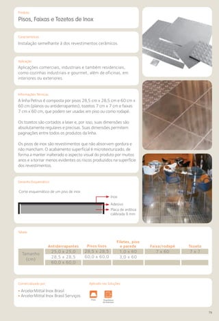 Comercializado por:	 Aplicado nas Soluções:
79
Características
Aplicação
Informações Técnicas
Produto
Tabela
Pisos, Faixas e Tozetos de Inox
Aplicações comerciais, industriais e também residenciais,
como cozinhas industriais e gourmet, além de oficinas, em
interiores ou exteriores.
Instalação semelhante à dos revestimentos cerâmicos.
A linha Petrus é composta por pisos 28,5 cm x 28,5 cm e 60 cm x
60 cm (planos ou antiderrapantes), tozetos 7 cm x 7 cm e faixas
7 cm x 60 cm, que podem ser usadas em piso ou como rodapé.
Os tozetos são cortados a laser e, por isso, suas dimensões são
absolutamente regulares e precisas. Suas dimensões permitem
paginações entre todos os produtos da linha.
Os pisos de inox são revestimentos que não absorvem gordura e
não mancham. O acabamento superficial é microtexturizado, de
forma a manter inalterado o aspecto visual do produto por muitos
anos e a tornar menos evidentes os riscos produzidos na superfície
dos revestimentos.
Desenho Esquemático
• ArcelorMittal Inox Brasil
• ArcelorMittal Inox Brasil Serviços
Sistemas de
Cercamento
mentos
oviários
Lajes Arquitetura
de Interiores
Pisos Alvenaria Fachadas e
Fechamentos
Coberturas Acessibilidade
e Mobiliário
Urbano
Canteiros de
Obras e
Complementares
Sistemas de
Cercamento
ações e
enções
Obras de
Arte
Infraestrutura Pavimentos
Rodoviários
Lajes Arquitetura
de Interiores
Pisos Alvenaria Fachadas e
Fechamentos
CoberturasEstruturas Acessibilidade
e Mobiliário
Urbano
Canteiros de
Obras e
Complementares
Corte esquemático de um piso de inox
Inox
Adesivo
Placa de ardósia
calibrada 9 mm
Comercializado por:
Pisos lisos
28,5 x 28,5
60,0 x 60,0
Antiderrapantes
25,0 x 25,0
28,5 x 28,5
60,0 x 60,0
Filetes, piso
e parede
1,0 x 60
3,0 x 60
Faixa/rodapé
7 x 60
Tozeto
7 x 7
Tamanho
(cm)
Aplicado nas Soluções:
 