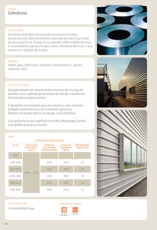 88
Comercializado por:			 Aplicado nas Soluções:
Características
Aplicação
Informações Técnicas
Produto
Galvalume
Excelente resistência à corrosão (inclusive em altas
temperaturas). Boa resistência à abrasão devido à sua maior
dureza superficial. Graças à sua elevada reflexividade térmica,
o revestimento Galvalume gera maior eficiência térmica, o que
resulta em redução de custos.
Telhas para coberturas, fachadas e fechamentos, painéis
isolantes, silos.
Tabela
Aço galvanizado com revestimento composto de uma liga de
alumínio-zinco, aplicado por processo de imersão a quente em
linha de galvanização contínua.
É altamente recomendado para uso externo e, sem nenhuma
proteção superficial extra, em ambientes agressivos.
Oferece um grande retorno na relação custo/benefício.
Sua característica de superfície com brilho diferenciado confere
uma aparência atrativa e bonita.
Limitações dimensionais
Grau Espessuras
disponíveis
(mm)
Limite de
escoamento
mínimo (MPa)
Limite de
resistência
(MPa)
Alongamento
mínimo (%)
AZR
0,40 - 2,00
- - -
ZAR 230 230 310 22
ZAR 250 250 360 18
ZAR 280 280 380 16
ZAR 320 320 390 14
ZAR 345 345 430 12
• ArcelorMittal Vega
Sistemas de
Cercamento
e Infraestrutura Pavimentos
Rodoviários
Lajes Arquitetura
de Interiores
Pisos Alvenaria Fachadas e
Fechamentos
Coberturas Acessibilidade
e Mobiliário
Urbano
Canteiros de
Obras e
Complementares
Aplicado nas Soluções:
 