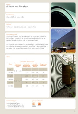 Comercializado por:	 Aplicado nas Soluções:
89
Características
Aplicação
Informações Técnicas
Produto
Tabela
Galvanizados Zinco Puro
Alta resistência à corrosão.
Telhas para coberturas, fachadas e fechamentos.
São chapas de aço com revestimento de zinco sem adição de
chumbo, em consonância com a política da ArcelorMittal de
desenvolvimento sustentável na produção de aço.
Os materiais são produzidos com espessura controlada e cristais
minimizados, tendo como maiores benefícios a alta resistência à
corrosão, boa soldabilidade e excelente aderência à pintura.
Limitações dimensionais
Grau Espessuras
disponíveis
(mm)
Limite de
escoamento
mínimo (MPa)
Limite de
resistência
(MPa)
Alongamento
mínimo (%)
ZC
0,40 – 2,00
- - -
ZAR230 230 270 - 400 28
ZAR280
0,70 - 2,00
280 380 - 440 28
ZAR320 320 410 - 480 24
ZAR360 360 450 - 520 21
ZAR400 400 460 - 590 18
• ArcelorMittal Vega
• ArcelorMittal Manchester
• ArcelorMittal Distribuição
Sistemas de
Cercamento
Obras de
Arte
Infraestrutura Pavimentos
Rodoviários
Lajes Arquitetura
de Interiores
Pisos Alvenaria Fachadas e
Fechamentos
Coberturas Acessibilidade
e Mobiliário
Urbano
Canteiros de
Obras e
Complementares
Aplicado nas Soluções:
 