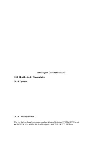 Abbildung 140: Übersicht Stammdaten

20.1 Menüleiste der Stammdaten
20.1.1 Optionen




20.1.1.1 Backup erstellen…


Um ein Backup Ihres Systems zu erstellen, klicken Sie in den STAMMDATEN auf
OPTIONEN. Hier wählen Sie den Menüpunkt BACKUP ERSTELLEN aus.
 