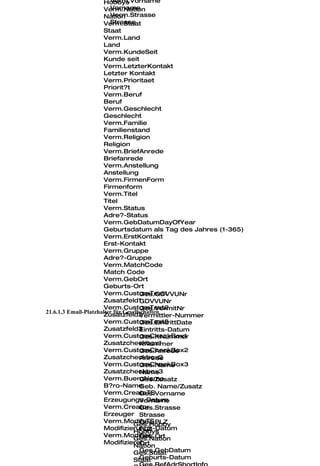 Verm.Vorname
                       Hobbys
                         Vorname
                       Verm.Nation
                         Verm.Strasse
                       Nation
                         Strasse
                       Verm.Staat
                       Staat
                       Verm.Land
                       Land
                       Verm.KundeSeit
                       Kunde seit
                       Verm.LetzterKontakt
                       Letzter Kontakt
                       Verm.Prioritaet
                       Priorit?t
                       Verm.Beruf
                       Beruf
                       Verm.Geschlecht
                       Geschlecht
                       Verm.Familie
                       Familienstand
                       Verm.Religion
                       Religion
                       Verm.BriefAnrede
                       Briefanrede
                       Verm.Anstellung
                       Anstellung
                       Verm.FirmenForm
                       Firmenform
                       Verm.Titel
                       Titel
                       Verm.Status
                       Adre?-Status
                       Verm.GebDatumDayOfYear
                       Geburtsdatum als Tag des Jahres (1-365)
                       Verm.ErstKontakt
                       Erst-Kontakt
                       Verm.Gruppe
                       Adre?-Gruppe
                       Verm.MatchCode
                       Match Code
                       Verm.GebOrt
                       Geburts-Ort
                       Verm.CustomText1
                                      Ges.GDVVUNr
                       Zusatzfeld1    GDVVUNr
                       Verm.CustomText2
                                      Ges.VermitNr
21.6.1.3 Email-Platzhalter für Gesellschaften
                       Zusatzfeld2    Vermittler-Nummer
                       Verm.CustomText3
                                      Ges.EintrittDate
                       Zusatzfeld3    Eintritts-Datum
                       Verm.CustomCheckBox1
                                      Ges.KNummer
                       Zusatzcheckbox1KNummer
                       Verm.CustomCheckBox2
                                      Ges.Anrede
                       Zusatzcheckbox2Anrede
                       Verm.CustomCheckBox3
                                      Ges.Name
                       Zusatzcheckbox3Name
                       Verm.BueroName Ges.Zusatz
                       B?ro-Name      Geb. Name/Zusatz
                       Verm.CreateTS  Ges.Vorname
                       Erzeugungs-Datum
                                      Vorname
                       Verm.Creator   Ges.Strasse
                       Erzeuger Strasse
                       Verm.ModifyTS  Ges.PLZ
                                   Ges.Hobby
                       Modifizierungs-Datum
                                      PLZ
                                   Hobbys
                       Verm.Modifier  Ges.Ort
                                   Ges.Nation
                       Modifizierer   Ort
                                   Nation
                                      Ges.GebDatum
                                   Ges.Staat
                                      Geburts-Datum
                                   Staat
 