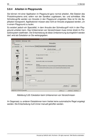 90                                                                                                   5. Betrieb


5.9.4 Arbeiten in Playgrounds
Sie können mit einer Applikation im Playground ganz normal arbeiten. Alle Dateien des
Produktivsystems sind, sofern von der Sandbox zugelassen, les- und schreibbar. Alle
Schreibzugriffe werden von Anoubis in den Playground umgeleitet. Dies ist für die Ap-
plikation transparent. Applikationen müssen also nicht an Anoubis angepasst werden, um
in einem Playground zu laufen.
Es existiert jedoch ein Spezialfall, in dem Anoubis den Schreibzugriff nicht in den Play-
ground umleiten kann. Das Umbennenen von Verzeichnissen muss immer direkt im Pro-
duktivsystem stattﬁnden. Die Entscheidung ob diese Umbenennung durchgeführt werden
darf, wird als Eskalation an Sie weitergegeben.




           Abbildung 5.20: Eskalation beim Umbenennen von Verzeichnissen


Im Gegensatz zu anderen Eskalationen kann hierbei keine automatische Regel angelegt
werden. Die Entscheidung muß immer manuell getroffen werden.




                                 Anoubis by GeNUA mbH, Kirchheim. All rights reserved / Alle Rechte vorbehalten.
 