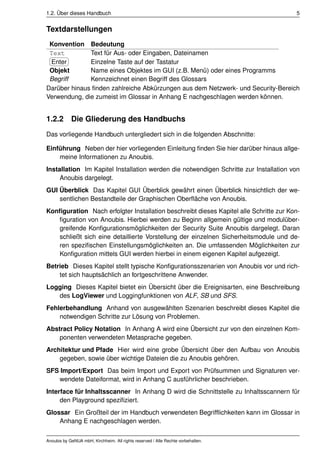 1.2. Über dieses Handbuch                                                              5


Textdarstellungen
 Konvention Bedeutung
 Text ¤
 §
              Text für Aus- oder Eingaben, Dateinamen
 Enter ¥
 ¦            Einzelne Taste auf der Tastatur
 Objekt       Name eines Objektes im GUI (z.B. Menü) oder eines Programms
 Begriff      Kennzeichnet einen Begriff des Glossars
Darüber hinaus ﬁnden zahlreiche Abkürzungen aus dem Netzwerk- und Security-Bereich
Verwendung, die zumeist im Glossar in Anhang E nachgeschlagen werden können.


1.2.2       Die Gliederung des Handbuchs
Das vorliegende Handbuch untergliedert sich in die folgenden Abschnitte:

Einführung Neben der hier vorliegenden Einleitung ﬁnden Sie hier darüber hinaus allge-
    meine Informationen zu Anoubis.
Installation Im Kapitel Installation werden die notwendigen Schritte zur Installation von
     Anoubis dargelegt.
GUI Überblick Das Kapitel GUI Überblick gewährt einen Überblick hinsichtlich der we-
    sentlichen Bestandteile der Graphischen Oberﬂäche von Anoubis.
Konﬁguration Nach erfolgter Installation beschreibt dieses Kapitel alle Schritte zur Kon-
   ﬁguration von Anoubis. Hierbei werden zu Beginn allgemein gültige und modulüber-
   greifende Konﬁgurationsmöglichkeiten der Security Suite Anoubis dargelegt. Daran
   schließt sich eine detaillierte Vorstellung der einzelnen Sicherheitsmodule und de-
   ren speziﬁschen Einstellungsmöglichkeiten an. Die umfassenden Möglichkeiten zur
   Konﬁguration mittels GUI werden hierbei in einem eigenen Kapitel aufgezeigt.
Betrieb Dieses Kapitel stellt typische Konﬁgurationsszenarien von Anoubis vor und rich-
    tet sich hauptsächlich an fortgeschrittene Anwender.
Logging Dieses Kapitel bietet ein Übersicht über die Ereignisarten, eine Beschreibung
   des LogViewer und Loggingfunktionen von ALF, SB und SFS.
Fehlerbehandlung Anhand von ausgewählten Szenarien beschreibt dieses Kapitel die
    notwendigen Schritte zur Lösung von Problemen.
Abstract Policy Notation In Anhang A wird eine Übersicht zur von den einzelnen Kom-
    ponenten verwendeten Metasprache gegeben.
Architektur und Pfade Hier wird eine grobe Übersicht über den Aufbau von Anoubis
    gegeben, sowie über wichtige Dateien die zu Anoubis gehören.
SFS Import/Export Das beim Import und Export von Prüfsummen und Signaturen ver-
   wendete Dateiformat, wird in Anhang C ausführlicher beschrieben.
Interface für Inhaltsscanner In Anhang D wird die Schnittstelle zu Inhaltsscannern für
     den Playground speziﬁziert.
Glossar Ein Großteil der im Handbuch verwendeten Begrifﬂichkeiten kann im Glossar in
    Anhang E nachgeschlagen werden.

Anoubis by GeNUA mbH, Kirchheim. All rights reserved / Alle Rechte vorbehalten.
 
