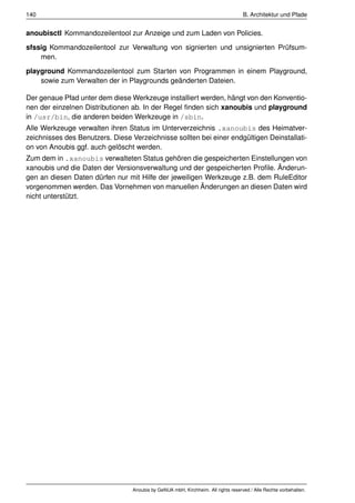 140                                                                                 B. Architektur und Pfade


anoubisctl Kommandozeilentool zur Anzeige und zum Laden von Policies.
sfssig Kommandozeilentool zur Verwaltung von signierten und unsignierten Prüfsum-
    men.
playground Kommandozeilentool zum Starten von Programmen in einem Playground,
    sowie zum Verwalten der in Playgrounds geänderten Dateien.

Der genaue Pfad unter dem diese Werkzeuge installiert werden, hängt von den Konventio-
nen der einzelnen Distributionen ab. In der Regel ﬁnden sich xanoubis und playground
in /usr/bin, die anderen beiden Werkzeuge in /sbin.
Alle Werkzeuge verwalten ihren Status im Unterverzeichnis .xanoubis des Heimatver-
zeichnisses des Benutzers. Diese Verzeichnisse sollten bei einer endgültigen Deinstallati-
on von Anoubis ggf. auch gelöscht werden.
Zum dem in .xanoubis verwalteten Status gehören die gespeicherten Einstellungen von
xanoubis und die Daten der Versionsverwaltung und der gespeicherten Proﬁle. Änderun-
gen an diesen Daten dürfen nur mit Hilfe der jeweiligen Werkzeuge z.B. dem RuleEditor
vorgenommen werden. Das Vornehmen von manuellen Änderungen an diesen Daten wird
nicht unterstützt.




                                  Anoubis by GeNUA mbH, Kirchheim. All rights reserved / Alle Rechte vorbehalten.
 