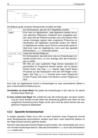 40                                                                                          4. Konﬁguration



context {
        { app } flags {
                context new { app }
                context new any
        }
}



Die Bedeutung der einzelnen Komponenten ist dabei wie folgt:
 alf             Ein Schlüsselwort, das den ALF-Regelblock einleitet.
 { app }         Eine Liste von Applikationen. Jede Applikation besteht aus ei-
                 nem absoluten Pfadnamen. Zusätzlich kann angegeben wer-
                 den, dass nicht der Pfadname sondern eine unter diesem Pfad-
                 namen hinterlegte (signiert oder unsignierte) Prüfsumme zur
                 Identiﬁkation der Applikation verwendet werden soll. Mehre-
                 re Applikationen werden durch Komma voneinander getrennt.
                 Statt einer Liste von Applikationen, kann auch das spezielle
                 Schlüsselwort „,any” verwendet werden.
 context new     Leitet eine Kontext-Regel ein.
 any             Ein Schlüsselwort, das statt einer Liste von Anwendungen ver-
                 wendet werden kann, um eine Aussage über alle Anwendun-
                 gen zu treffen.
 flags           Mit Hilfe von zwei zusätzliche Flags können besondere Ei-
                 genschaften für Programme aktiviert werden, die mit diesem
                 Kontext laufen: Das Flag nosfs bewirkt, dass Zugriff dieses
                 Prozesses auf das Dataisystem nicht den SFS-Regeln unter-
                 liegen. Das Flag pgforce erzwingt einen neuen Playground
                 für den Prozess, falls dieser nicht bereits in einem Playground
                 läuft.

Eine Liste von Applikationen kommt in Kontextregeln an zwei verschiedenen Stellen in
ganz unterschiedlicher Bedeutung vor:

Unmittelbar vor einem Block Hier geben die Anwendungen in der Liste an, für welche
   Kontexte dieser Block gilt.

In einer context new Regel Hier enthält die Liste alle Anwendungen, bei deren Ausfüh-
     rung ein neuer Kontext mit den Daten der Anwendung geöffnet wird. Wenn für eine
     ausgeführte Anwendung keine Regel zutrifft, dann wird der aktive Kontext des aus-
     geführten Programms beibehalten.


4.2.3 Spezielle Kontextwechsel
In einigen speziellen Fällen ist es nicht nur beim Ausführen eines Programms sinnvoll
einen Kontextwechsel durchzuführen, sondern auch dann, wenn bestimmte Dateien (in
der Regel Shared Libraries) geöffnet werden.
Das kann über besondere Kontext-Regeln erreicht werden. Sie unterscheiden sich von ei-
ner normalen Kontextregel dadurch, dass das Schlüsselwort new durch das Schlüsselwort
open ersetzt wird.

                                Anoubis by GeNUA mbH, Kirchheim. All rights reserved / Alle Rechte vorbehalten.
 