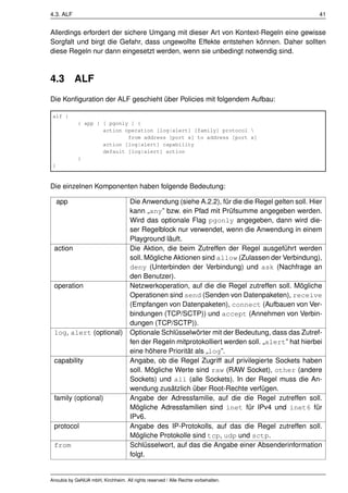 4.3. ALF                                                                                            41


Allerdings erfordert der sichere Umgang mit dieser Art von Kontext-Regeln eine gewisse
Sorgfalt und birgt die Gefahr, dass ungewollte Effekte entstehen können. Daher sollten
diese Regeln nur dann eingesetzt werden, wenn sie unbedingt notwendig sind.



4.3        ALF
Die Konﬁguration der ALF geschieht über Policies mit folgendem Aufbau:

 alf {
            { app } [ pgonly ] {
                    action operation [log|alert] [family] protocol 
                            from address [port x] to address [port x]
                    action [log|alert] capability
                    default [log|alert] action
            }
 }



Die einzelnen Komponenten haben folgende Bedeutung:

     app                             Die Anwendung (siehe A.2.2), für die die Regel gelten soll. Hier
                                     kann „any” bzw. ein Pfad mit Prüfsumme angegeben werden.
                                     Wird das optionale Flag pgonly angegeben, dann wird die-
                                     ser Regelblock nur verwendet, wenn die Anwendung in einem
                                     Playground läuft.
 action                              Die Aktion, die beim Zutreffen der Regel ausgeführt werden
                                     soll. Mögliche Aktionen sind allow (Zulassen der Verbindung),
                                     deny (Unterbinden der Verbindung) und ask (Nachfrage an
                                     den Benutzer).
 operation                           Netzwerkoperation, auf die die Regel zutreffen soll. Mögliche
                                     Operationen sind send (Senden von Datenpaketen), receive
                                     (Empfangen von Datenpaketen), connect (Aufbauen von Ver-
                                     bindungen (TCP/SCTP)) und accept (Annehmen von Verbin-
                                     dungen (TCP/SCTP)).
 log, alert (optional)               Optionale Schlüsselwörter mit der Bedeutung, dass das Zutref-
                                     fen der Regeln mitprotokolliert werden soll. „alert” hat hierbei
                                     eine höhere Priorität als „log”.
 capability                          Angabe, ob die Regel Zugriff auf privilegierte Sockets haben
                                     soll. Mögliche Werte sind raw (RAW Socket), other (andere
                                     Sockets) und all (alle Sockets). In der Regel muss die An-
                                     wendung zusätzlich über Root-Rechte verfügen.
 family (optional)                   Angabe der Adressfamilie, auf die die Regel zutreffen soll.
                                     Mögliche Adressfamilien sind inet für IPv4 und inet6 für
                                     IPv6.
 protocol                            Angabe des IP-Protokolls, auf das die Regel zutreffen soll.
                                     Mögliche Protokolle sind tcp, udp und sctp.
 from                                Schlüsselwort, auf das die Angabe einer Absenderinformation
                                     folgt.


Anoubis by GeNUA mbH, Kirchheim. All rights reserved / Alle Rechte vorbehalten.
 