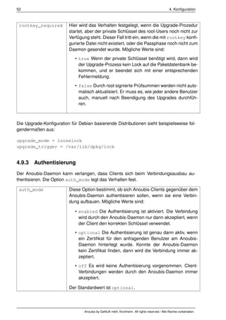 52                                                                                           4. Konﬁguration



 rootkey_required        Hier wird das Verhalten festgelegt, wenn die Upgrade-Prozedur
                         startet, aber der private Schlüssel des root-Users noch nicht zur
                         Verfügung steht. Dieser Fall tritt ein, wenn die mit rootkey konﬁ-
                         gurierte Datei nicht existiert, oder die Passphase noch nicht zum
                         Daemon gesendet wurde. Mögliche Werte sind:
                            • true Wenn der private Schlüssel benötigt wird, dann wird
                              der Upgrade-Prozess kein Lock auf die Paketdatenbank be-
                              kommen, und er beendet sich mit einer entsprechenden
                              Fehlermeldung.
                            • false Durch root signierte Prüfsummen werden nicht auto-
                              matisch aktualisiert. Er muss es, wie jeder andere Benutzer
                              auch, manuell nach Beendigung des Upgrades durchfüh-
                              ren.



Die Upgrade-Konﬁguration für Debian basierende Distributionen sieht beispielsweise fol-
gendermaßen aus:

upgrade_mode = looselock
upgrade_trigger = /var/lib/dpkg/lock


4.9.3 Authentisierung
Der Anoubis-Daemon kann verlangen, dass Clients sich beim Verbindungsausbau au-
thentisieren. Die Option auth_mode legt das Verhalten fest.

 auth_mode               Diese Option bestimmt, ob sich Anoubis-Clients gegenüber dem
                         Anoubis-Daemon authentisieren sollen, wenn sie eine Verbin-
                         dung aufbauen. Mögliche Werte sind:

                            • enabled Die Authentisierung ist aktiviert. Die Verbindung
                              wird durch den Anoubis-Daemon nur dann akzeptiert, wenn
                              der Client den korrekten Schlüssel verwendet.
                            • optional Die Authentisierung ist genau dann aktiv, wenn
                              ein Zertiﬁkat für den anfragenden Benutzer am Anoubis-
                              Daemon hinterlegt wurde. Konnte der Anoubis-Daemon
                              kein Zertiﬁkat ﬁnden, dann wird die Verbindung immer ak-
                              zeptiert.
                            • off Es wird keine Authentisierung vorgenommen. Client-
                              Verbindungen werden durch den Anoubis-Daemon immer
                              akzeptiert.

                         Der Standardwert ist optional.




                                 Anoubis by GeNUA mbH, Kirchheim. All rights reserved / Alle Rechte vorbehalten.
 