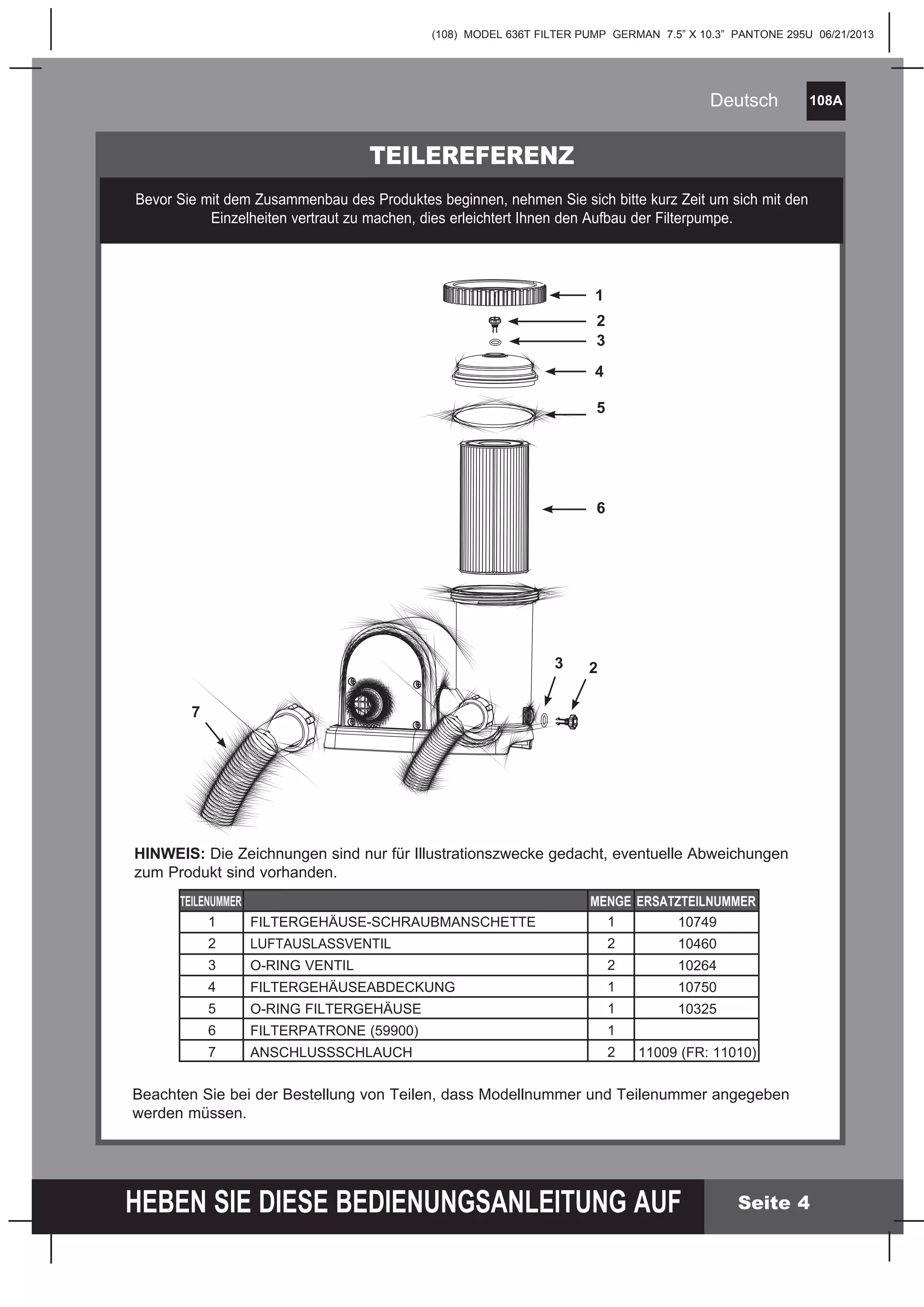 (108) MODEL 636T FILTER PUMP GERMAN 7.5” X 10.3” PANTONE 295U 06/21/2013
108A
HEBEN SIE DIESE BEDIENUNGSANLEITUNG AUF
Deutsch
Seite 4
TEILEREFERENZ
Bevor Sie mit dem Zusammenbau des Produktes beginnen, nehmen Sie sich bitte kurz Zeit um sich mit den
Einzelheiten vertraut zu machen, dies erleichtert Ihnen den Aufbau der Filterpumpe.
Beachten Sie bei der Bestellung von Teilen, dass Modellnummer und Teilenummer angegeben
werden müssen.
1
2
3
4
5
6
7
TEILENUMMER MENGE ERSATZTEILNUMMER
1
2
2
1
1
1
2
FILTERGEHÄUSE-SCHRAUBMANSCHETTE
LUFTAUSLASSVENTIL
O-RING VENTIL
FILTERGEHÄUSEABDECKUNG
O-RING FILTERGEHÄUSE
FILTERPATRONE (59900)
ANSCHLUSSSCHLAUCH
10749
10460
10264
10750
10325
11009 (FR: 11010)
2
3
4
5
1
6
3
7
2
HINWEIS: Die Zeichnungen sind nur für Illustrationszwecke gedacht, eventuelle Abweichungen
zum Produkt sind vorhanden.
 
