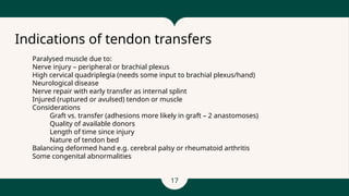 17
● Paralysed muscle due to:
Nerve injury – peripheral or brachial plexus
High cervical quadriplegia (needs some input to brachial plexus/hand)
Neurological disease
Nerve repair with early transfer as internal splint
● Injured (ruptured or avulsed) tendon or muscle
Considerations
- Graft vs. transfer (adhesions more likely in graft – 2 anastomoses)
- Quality of available donors
- Length of time since injury
- Nature of tendon bed
● Balancing deformed hand e.g. cerebral palsy or rheumatoid arthritis
● Some congenital abnormalities
Indications of tendon transfers
 
