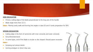 HOE EXCAVATOR
 Primary cutting edge of the blade perpendicular to the long axis of the handle
 Blade angle more than 12.5 c
Uses:- Planing cavity walls and forming line angles in class III and V cavity preparation for DFG
SPOON EXCAVATOR
 Cutting edge in the form of semicircle with inner concavity and outer convexity
 Circumferential bevel
 In some types, end of the blade is circular or disc shaped- Discoid spoon excavator
Uses:-
 Scooping out carious dentin
 Carving amalgam or direct inlay wax
 