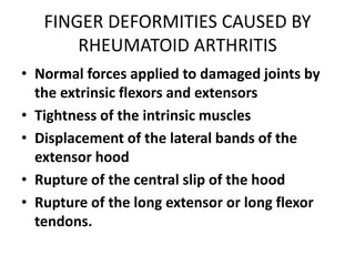 FINGER DEFORMITIES CAUSED BY 
RHEUMATOID ARTHRITIS 
• Normal forces applied to damaged joints by 
the extrinsic flexors and extensors 
• Tightness of the intrinsic muscles 
• Displacement of the lateral bands of the 
extensor hood 
• Rupture of the central slip of the hood 
• Rupture of the long extensor or long flexor 
tendons. 
 