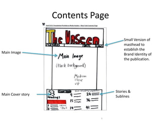 Contents Page
Main Image
Small Version of
masthead to
establish the
Brand Identity of
the publication.
Stories &
SublinesMain Cover story
 
