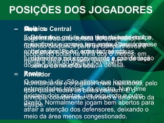 POSIÇÕES DOS JOGADORES Goleiro Defende o gol de uma determinada equipe, sendo o único que tem acesso livre à área defensiva. Pode, entre outras coisas, defender a bola com os pés e sair da área sem o domínio da bola. Armador Normalmente é o jogador mais habilidoso, pelo qual quase todas as bolas passam. É o principal coordenador ofensivo e defensivo da equipe.    Meia ou Central Existem dois meias num time de handebol: o meia direita e o meia esquerda. Posicionam-se entre os pontas e o armador, sendo fundamentais no engajamento e coordenação do ataque e na estrutura da defesa.    Ponta O nome já diz. São atletas que jogam nas extremidades laterais da quadra. Num time existem dois pontas, um esquerdo e outro direito. Normalmente jogam bem abertos para atrair a atenção dos defensores, deixando o meio da área menos congestionado.  Pivô Joga infiltrado na defesa do adversário, fazendo bloqueios para os companheiros e recebendo bolas na linha dos 6 metros, em frente à área do goleiro adversário. 
