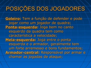 POSIÇÕES DOS JOGADORESPOSIÇÕES DOS JOGADORES
GoleiroGoleiro:: Tem a função de defender e podeTem a função de defender e pode
jogar como um jogador de quadra;jogar como um jogador de quadra;
Ponta-esquerdaPonta-esquerda:: Joga bem no cantoJoga bem no canto
esquerdo da quadra tem comoesquerdo da quadra tem como
característica a velocidade;característica a velocidade;
Meia-esquerdaMeia-esquerda:: Joga entre o pontaJoga entre o ponta
esquerda e o armador, geralmente temesquerda e o armador, geralmente tem
um forte arremesso e bons fundamentos;um forte arremesso e bons fundamentos;
Armador-centralArmador-central:: Responsável por armar eResponsável por armar e
chamar as jogadas de ataque;chamar as jogadas de ataque;
 