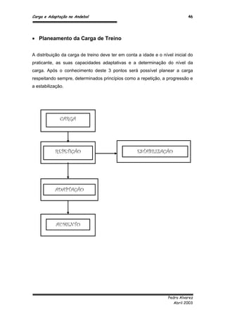 Carga e Adaptação no Andebol 46
Pedro Alvarez
Abril 2003
 Planeamento da Carga de Treino
A distribuição da carga de treino deve ter em conta a idade e o nível inicial do
praticante, as suas capacidades adaptativas e a determinação do nível da
carga. Após o conhecimento deste 3 pontos será possível planear a carga
respeitando sempre, determinados princípios como a repetição, a progressão e
a estabilização.
AUMENTO
REPETIÇÃO
ADAPTAÇÃO
ESTABILIZAÇÃO
CARGA
 