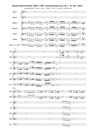 Oboe 1      
Oboe 2      
Violine 1       
   


    

    

    
   
Violine 2       
   


    

    

    
   
Viola 1   
   
   


    

    

    

  
Viola 2   
   
   


    

    

    

  
Fag. 1 + 2 + e B. C.

 
   
   


    

    

    

  
Besetzung: Alt-Flöte 1 / 2 (2. Satz) - Oboe 1 / 2 - Violine 1 / 2 - Viola 1 / 2 - Fagott 1 / 2 - Basso Continuo
Ob 1            

   
Ob 2            

   
Vl 1                     

 
Vl 2                      
 
Vla 1  
                     
Vla 2  
                  
  
B. C.


                  
  
4


Ob 1      

                
       
Ob 2      

                        
Vl 1        

Vl 2        

Vla 1    
    
Vla 2    
    
B. C.

  
    
7
Georg Friedrich Händel (1685 - 1759) Concerto grosso op. 3 Nr. 1 B - Dur Satz 1
 