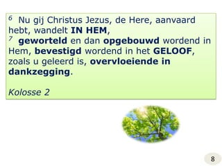 6  Nu gij Christus Jezus, de Here, aanvaard hebt, wandelt IN HEM,7geworteld en dan opgebouwd wordend in Hem, bevestigd wordend in het GELOOF, zoals u geleerd is, overvloeiende in dankzegging.Kolosse 28