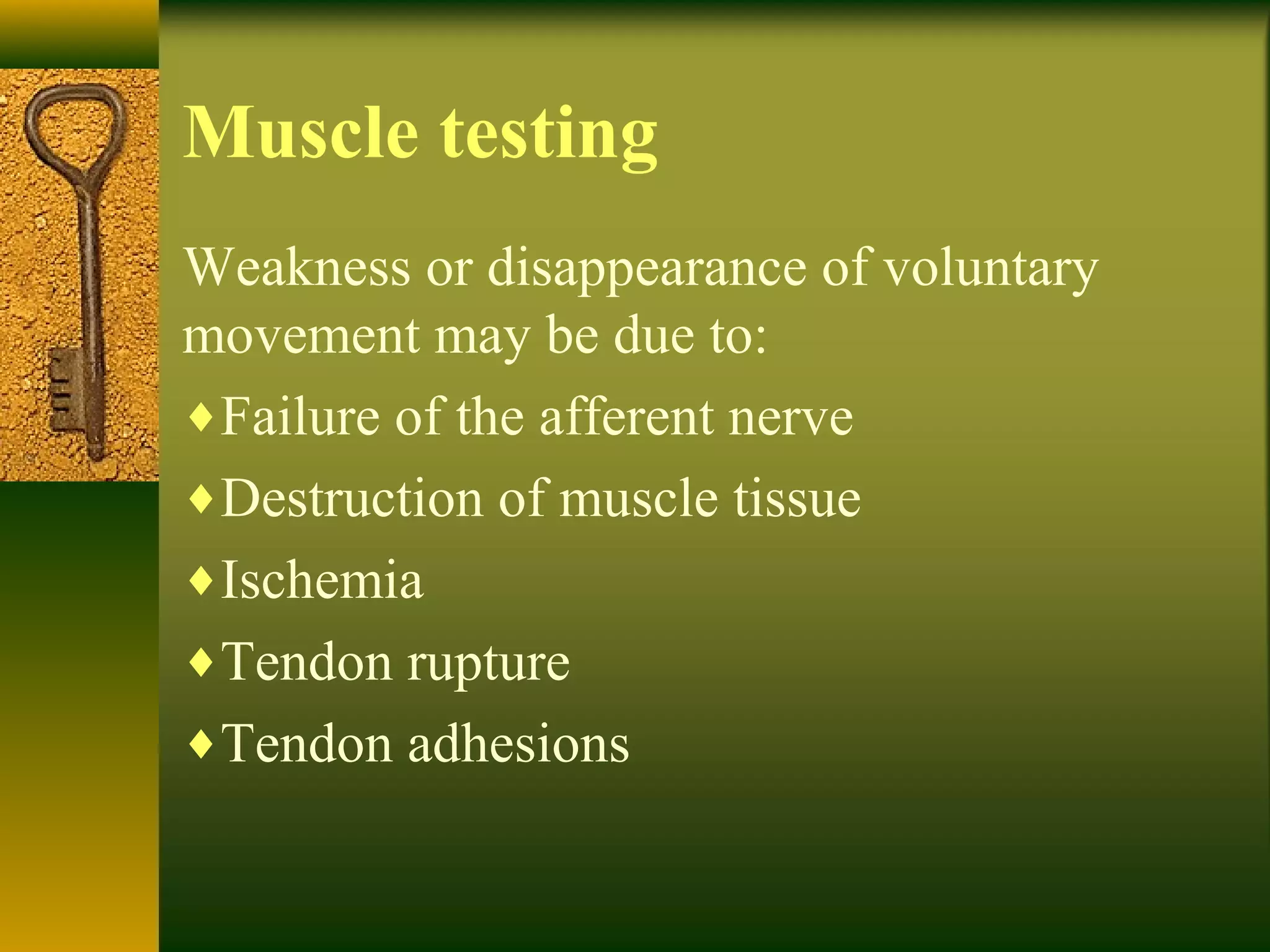Muscle testing
Weakness or disappearance of voluntary
movement may be due to:
♦Failure of the afferent nerve
♦Destruction of muscle tissue
♦Ischemia
♦Tendon rupture
♦Tendon adhesions
 