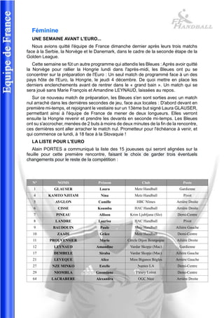 Féminine 
UNE SEMAINE AVANT L'EURO... 
Nous avions quitté l'équipe de France dimanche dernier après leurs trois matchs face à la Serbie, la Norvège et le Danemark, dans le cadre de la seconde étape de la Golden League. 
Cette semaine se fût un autre programme qui attendis les Bleues : Après avoir quitté la Norvège pour rallier la Hongrie lundi dans l'après-midi, les Bleues ont pu se concentrer sur la préparation de l'Euro : Un seul match de programmé face à un des pays hôte de l'Euro, la Hongrie, le jeudi 4 décembre. De quoi mettre en place les derniers enclenchements avant de rentrer dans le « grand bain ». Un match qui se sera joué sans Marie François et Amandine LEYNAUD, laissées au repos. 
Sur ce nouveau match de préparation, les Bleues s'en sont sorties avec un match nul arraché dans les dernières secondes de jeu, face aux locales : D'abord devant en première mi-temps, et rejoignant le vestiaire sur un 13ème but signé Laura GLAUSER, permettant ainsi à l'équipe de France de mener de deux longueurs. Elles verront ensuite la Hongrie revenir et prendre les devants en seconde mi-temps. Les Bleues ont su s'accrocher, menées de 2 buts à moins de deux minutes de la fin de la rencontre, ces dernières sont aller arracher le match nul. Prometteur pour l'échéance à venir, et qui commence ce lundi, à 18 face à la Slovaquie ! 
LA LISTE POUR L'EURO 
Alain PORTES a communiqué la liste des 15 joueuses qui seront alignées sur la feuille pour cette première rencontre, faisant le choix de garder trois éventuels changements pour le reste de la compétition : 
N° NOMS Prénom Club Poste 
1 
GLAUSER 
Laura 
Metz Handball 
Gardienne 
4 
KAMTO NJITAM 
Nina 
Metz Handball 
Pivot 
5 
AYGLON 
Camille 
HBC Nîmes 
Arrière Droite 
6 
CISSE 
Koumba 
HAC Handball 
Arrière Droite 
7 
PINEAU 
Allison 
Krim Ljubljana (Slo) 
Demi-Centre 
8 
LANDRE 
Laurisa 
HAC Handball 
Pivot 
9 
BAUDOUIN 
Paule 
Metz Handball 
Ailière Gauche 
10 
ZAADI 
Grâce 
Metz Handball 
Demi-Centre 
11 
PROUVENSIER 
Marie 
Cercle Dijon Bourgogne 
Ailière Droite 
12 
LEYNAUD 
Amandine 
Vardar Skopje (Mac) 
Gardienne 
17 
DEMBELE 
Siraba 
Vardar Skopje (Mac) 
Ailière Gauche 
21 
LEVEQUE 
Alice 
Mios Biganos Bègles 
Arrière Gauche 
27 
NZE MINKO 
Estelle 
Nantes LA 
Demi-Centre 
29 
NIOMBLA 
Gnonsiane 
Fleury Loiret 
Demi-Centre 
64 
LACRABERE 
Alexandra 
OGC Nice 
Arrière Droite 
 