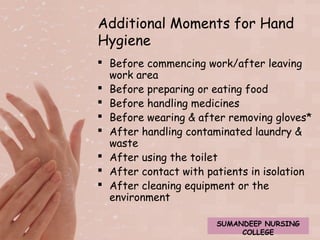 Additional Moments for Hand 
Hygiene 
 Before commencing work/after leaving 
work area 
 Before preparing or eating food 
 Before handling medicines 
 Before wearing & after removing gloves* 
 After handling contaminated laundry & 
waste 
 After using the toilet 
 After contact with patients in isolation 
 After cleaning equipment or the 
environment 
SUMANDEEP NURSING 
COLLEGE 
 