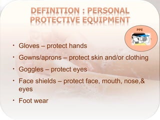 • Gloves – protect hands
• Gowns/aprons – protect skin and/or clothing
• Goggles – protect eyes
• Face shields – protect face, mouth, nose,&
eyes
• Foot wear
PPE
 