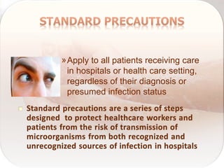 »Apply to all patients receiving care
in hospitals or health care setting,
regardless of their diagnosis or
presumed infection status
 