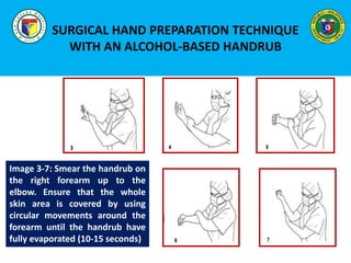 SURGICAL HAND PREPARATION TECHNIQUE
WITH AN ALCOHOL-BASED HANDRUB
Image 3-7: Smear the handrub on
the right forearm up to the
elbow. Ensure that the whole
skin area is covered by using
circular movements around the
forearm until the handrub have
fully evaporated (10-15 seconds)
 