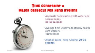 • Adequate handwashing with water and
soap requires
40–60 seconds
• Average time usually adopted by health-
care workers:
<10 seconds
• Alcohol-based hand rubbing: 20–30
seconds
Time constraint =
major obstacle for hand hygiene
3/26/2017 Dr.T.V.Rao @!Hand Hygeine 29
 
