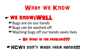 What we Know
 we know:WELL
Bugs are on our hands
Bugs can be washed off
Washing bugs off our hands saves lives
HCWs don’t wash their hands!!!
 So what is the problem???
 