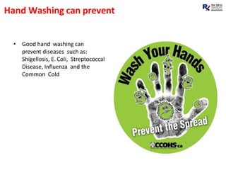 Hand Washing can prevent
• Good hand washing can
prevent diseases such as:
Shigellosis, E. Coli, Streptococcal
Disease, Influenza and the
Common Cold
 