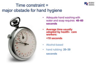 • Adequate hand washing with
water and soap requires 40–60
seconds
• Average time usually
adopted by health- care
workers:
<10 seconds
• Alcohol-based
• hand rubbing: 20–30
seconds
Time constraint =
major obstacle for hand hygiene
 