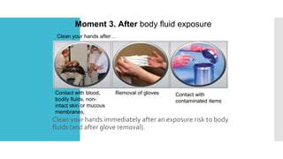 Clean your hands immediately after an exposure risk to body
fluids (and after glove removal).
Moment 3. After body fluid exposure
Clean your hands after…
Contact with blood,
bodily fluids, non-
intact skin or mucous
membranes,
Removal of gloves Contact with
contaminated items
 
