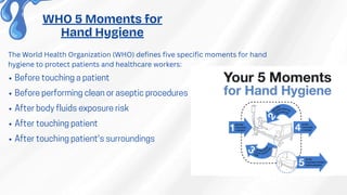 WHO 5 Moments for
Hand Hygiene
Before touching a patient
Before performing clean or aseptic procedures
After body fluids exposure risk
After touching patient
After touching patient's surroundings
The World Health Organization (WHO) defines five specific moments for hand
hygiene to protect patients and healthcare workers:
 