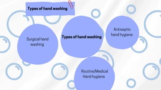 Types of hand washing
Antiseptic
hand hygiene
Routine/Medical
Hand hygiene
Surgical hand
washing
Types of hand washing
 