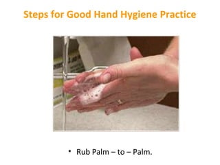 Steps for Good Hand Hygiene Practice

• Rub Palm – to – Palm.

 