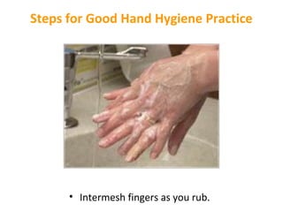 Steps for Good Hand Hygiene Practice

• Intermesh fingers as you rub.

 