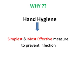 WHY ??

Hand Hygiene
Simplest & Most Effective measure
to prevent infection

 