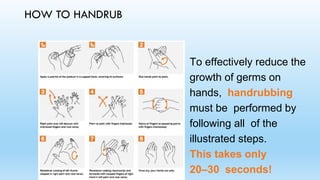 To effectively reduce the
growth of germs on
hands, handrubbing
must be performed by
following all of the
illustrated steps.
This takes only
20–30 seconds!
HOW TO HANDRUB
 