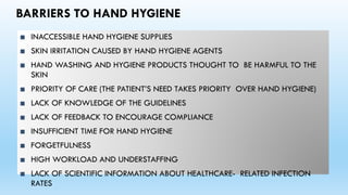 BARRIERS TO HAND HYGIENE
■ INACCESSIBLE HAND HYGIENE SUPPLIES
■ SKIN IRRITATION CAUSED BY HAND HYGIENE AGENTS
■ HAND WASHING AND HYGIENE PRODUCTS THOUGHT TO BE HARMFUL TO THE
SKIN
■ PRIORITY OF CARE (THE PATIENT’S NEED TAKES PRIORITY OVER HAND HYGIENE)
■ LACK OF KNOWLEDGE OF THE GUIDELINES
■ LACK OF FEEDBACK TO ENCOURAGE COMPLIANCE
■ INSUFFICIENT TIME FOR HAND HYGIENE
■ FORGETFULNESS
■ HIGH WORKLOAD AND UNDERSTAFFING
■ LACK OF SCIENTIFIC INFORMATION ABOUT HEALTHCARE- RELATED INFECTION
RATES
 