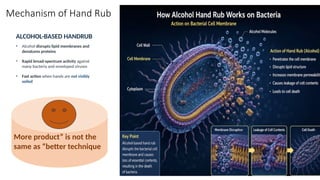 Mechanism of Hand Rub
ALCOHOL-BASED HANDRUB
• Alcohol disrupts lipid membranes and
denatures proteins
• Rapid broad-spectrum activity against
many bacteria and enveloped viruses
• Fast action when hands are not visibly
soiled
More product” is not the
same as “better technique
 