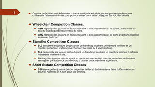  Comme on le disait précédemment, chaque catégorie est régie par ses propres règles et ses
critères de l’atteinte minimale pour pouvoir entrer dans cette catégorie. En voici les détails :
 Wheelchair Competition Classes,
 WH1 regroupe les joueurs en fauteuil roulant « sans abdominaux » et ayant un mauvais ou
pas du tout d’équilibre au niveau du tronc.
 WH2 regroupe les joueurs en fauteuil roulant « avec abdominaux » et donc ayant une stabilité
au niveau du tronc.
 Standing Competition Classes
 SL3 concerne les joueurs debout ayan un handicap touchant un membre inférieur et un
membre supérieur. L’athlète marche court ou boite du à son handicap.
 SL4 rassemble les joueurs debout ayant un handicap touchant un membre inférieur. L’athlète
marche de manière fluide.
 SU5 sont les joueurs debout ayant un handicap touchant un membre supérieur où l’athlète
sera gêner par l’absence ou handicap d’un des deux membres supérieurs.
 Short Stature Competition Classes
 SS6 regroupe les joueurs debout de petites tailles où l’athlète devra faire 1,45m maximum
pour les hommes et 1,37m pour les femmes.
6
 