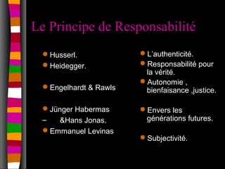 Le Principe de Responsabilité
 Husserl.             L’authenticité.
 Heidegger.           Responsabilité pour
                        la vérité.
                       Autonomie ,
 Engelhardt & Rawls    bienfaisance ,justice.

 Jünger Habermas      Envers les
 –   &Hans Jonas.       générations futures.
 Emmanuel Levinas
                       Subjectivité.
 