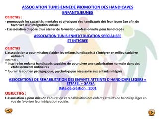 ASSOCIATION TUNISIENNEDE PROMOTION DES HANDICAPES
ENFANTS JEUNES
OBJECTIFS :
- promouvoir les capacités mentales et physiques des handicapés dés leur jeune âge afin de
favoriser leur intégration sociale.
- L'association dispose d'un atelier de formation professionnelle pour handicapés
ASSOCIATION TUNISIENNED'EDUCATION SPECIALISEE
ET INTEGREE
OBJECTIFS
L'asssociation a pour mission d'aider les enfants handicapés à s'intégrer en milieu scolairre
ordinaire
Activités :
* inscrire les enfants handicapés capables de poursuivre une scolarisation normale dans des
établissements ordinaires
* fournir le soutien pédagogique, psychologique nécessaire aux enfants intégrés
ASSOCIATIONS DE REHABILITATION DES ENFANTS ATTEINTS D'HANDICAPS LEGERS «
ETTAFEL » GAFSA
Date de création : 2001
OBJECTIFS :
L'association a pour mission l'éducation et réhabilitation des enfants atteints de handicap léger en
vue de favoriser leur intégration sociale.
 